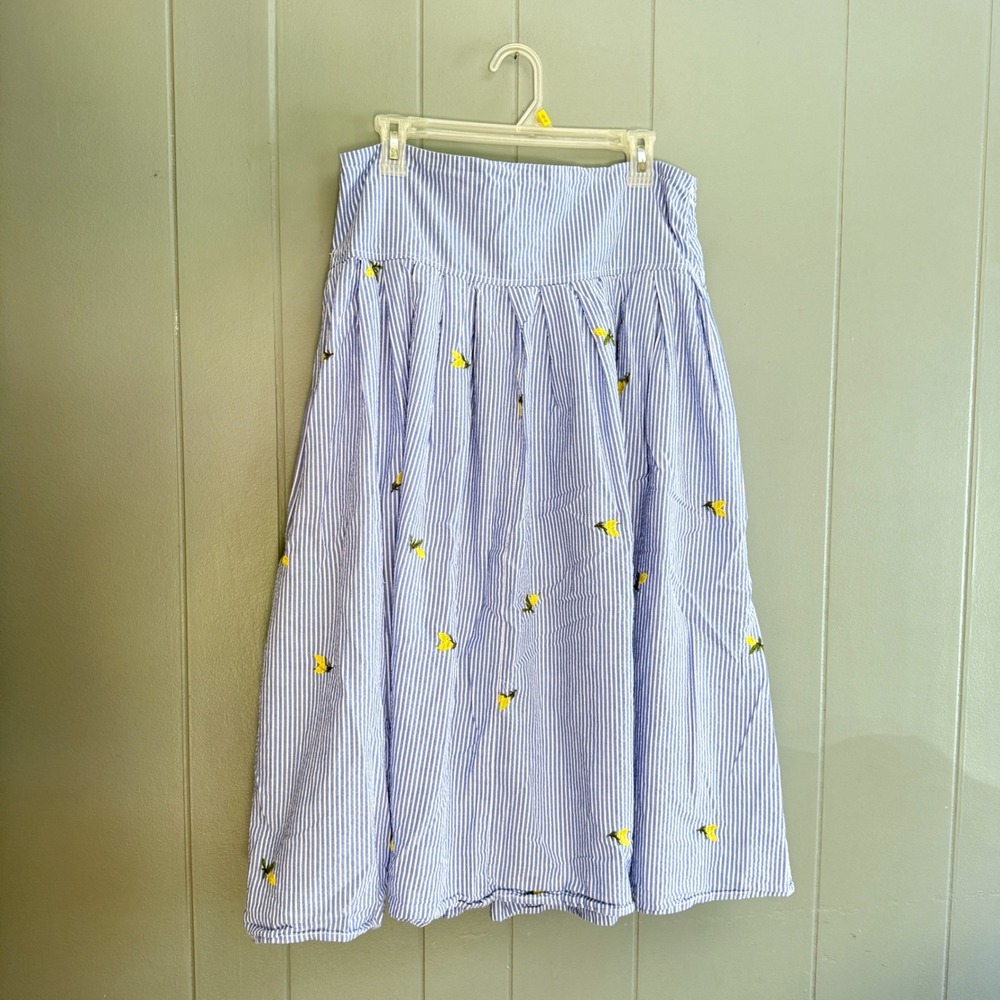 Blue White Striped Lemon Embroidered Midi Skirt Size 12 Cotton Seersucker Preppy